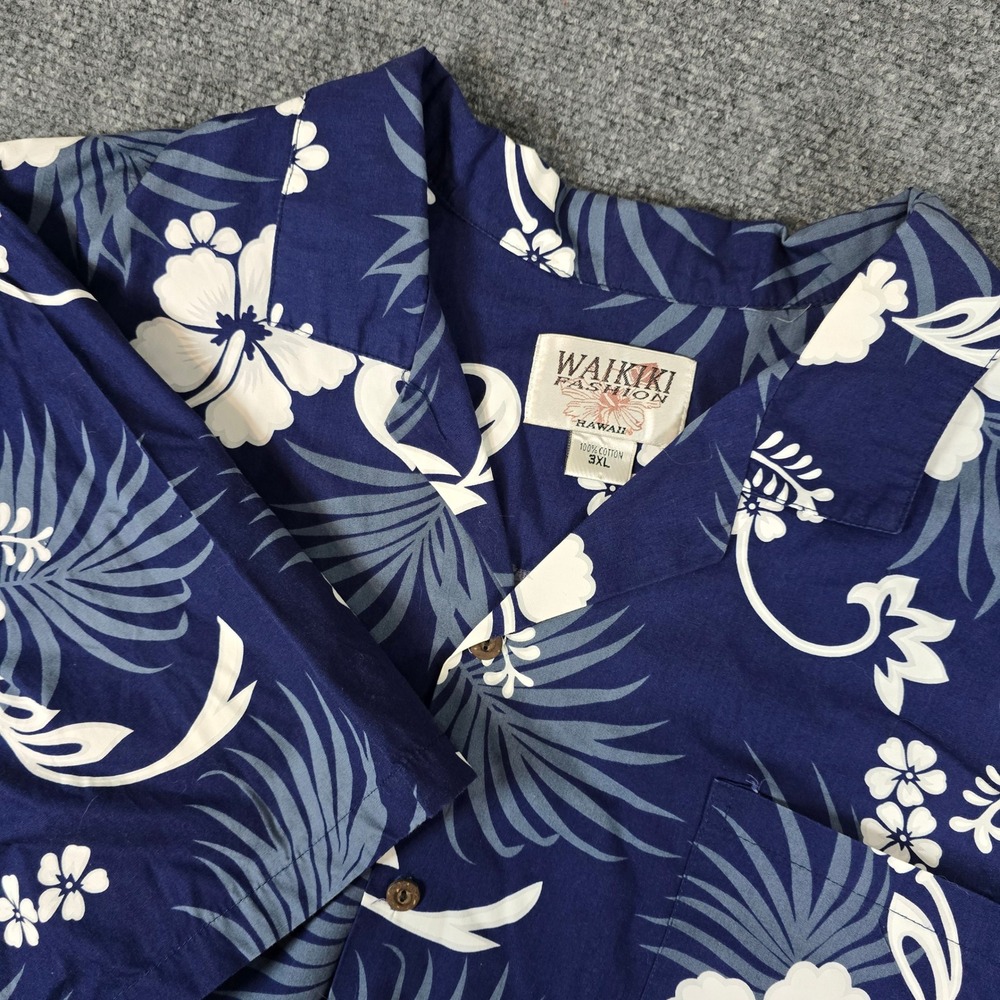 Waikiki Fashion Mens 3XL Blue White Hibiscus Floral 100%‎ Cotton Hawaiian Shirt
